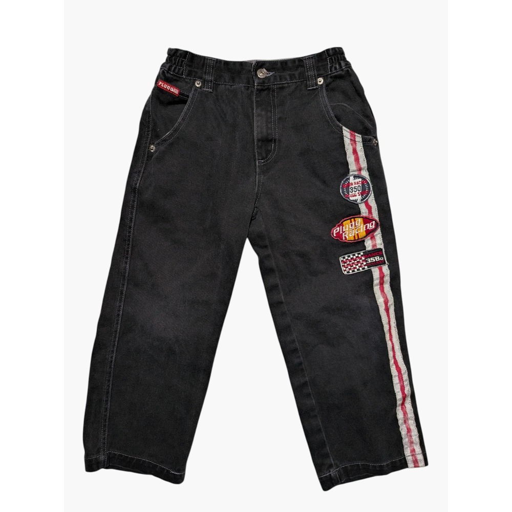 VTG‎ Plugg Racing Jeans Boys 6L Y2K Black Denim Striped Patch Wide